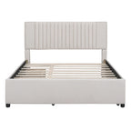 Linen Platform Bed – Gray / Beige, Foam Headboard, 2 Drawers & Trundle, Full / Queen, Sleeps 1