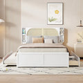 Queen Platform Bed – White, Rattan Headboard, 2 Drawers & Trundle, 4 Headboard Compartments, Sleeps 1