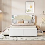 Queen Platform Bed – White, Rattan Headboard, 2 Drawers & Trundle, 4 Headboard Compartments, Sleeps 1