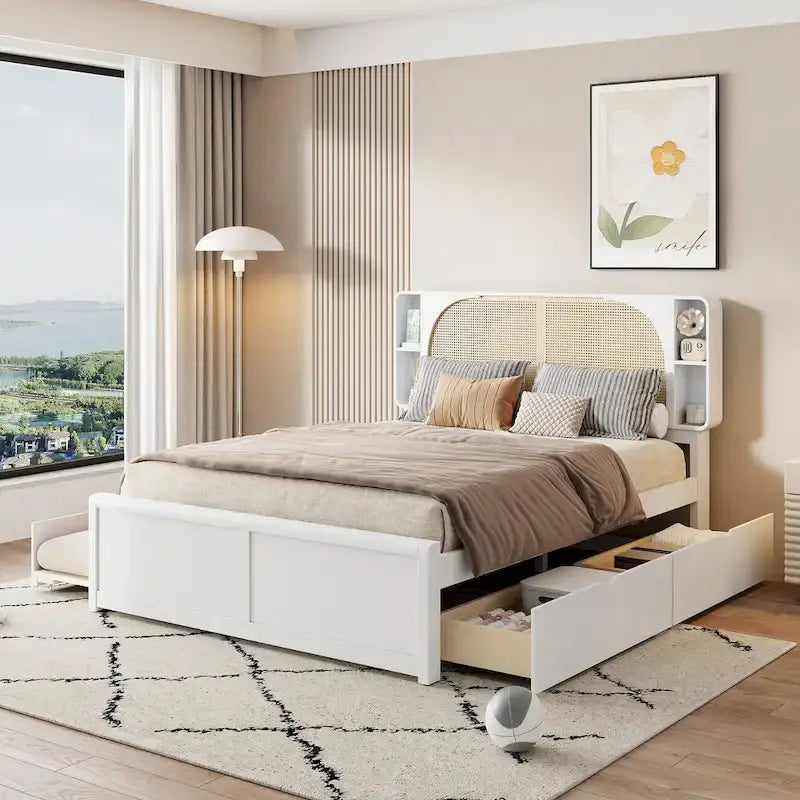 Queen Platform Bed – White, Rattan Headboard, 2 Drawers & Trundle, 4 Headboard Compartments, Sleeps 1