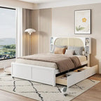 Queen Platform Bed – White, Rattan Headboard, 2 Drawers & Trundle, 4 Headboard Compartments, Sleeps 1