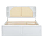 Queen Platform Bed – White, Rattan Headboard, 2 Drawers & Trundle, 4 Headboard Compartments, Sleeps 1