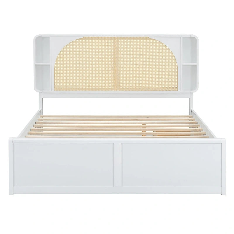 Queen Platform Bed – White, Rattan Headboard, 2 Drawers & Trundle, 4 Headboard Compartments, Sleeps 1