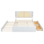 Queen Platform Bed – White, Rattan Headboard, 2 Drawers & Trundle, 4 Headboard Compartments, Sleeps 1