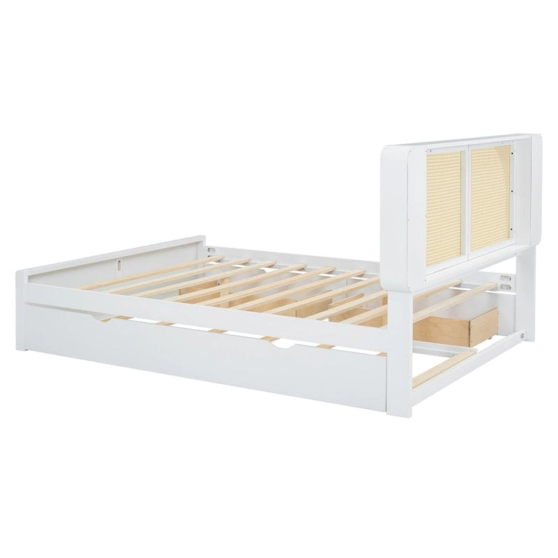 Queen Platform Bed – White, Rattan Headboard, 2 Drawers & Trundle, 4 Headboard Compartments, Sleeps 1