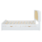 Queen Platform Bed – White, Rattan Headboard, 2 Drawers & Trundle, 4 Headboard Compartments, Sleeps 1