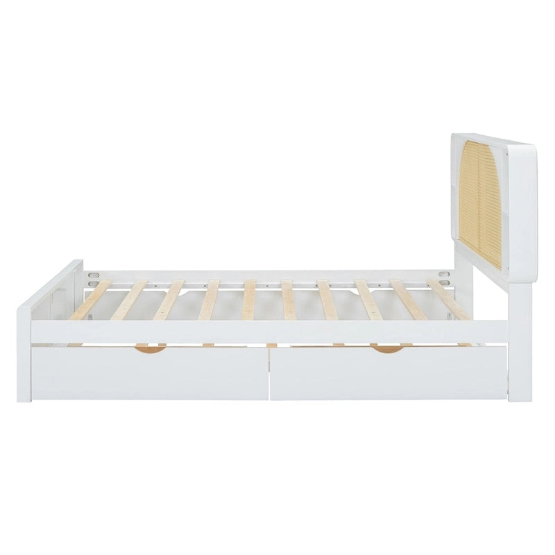 Queen Platform Bed – White, Rattan Headboard, 2 Drawers & Trundle, 4 Headboard Compartments, Sleeps 1