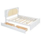 Queen Platform Bed – White, Rattan Headboard, 2 Drawers & Trundle, 4 Headboard Compartments, Sleeps 1
