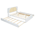 Queen Platform Bed – White, Rattan Headboard, 2 Drawers & Trundle, 4 Headboard Compartments, Sleeps 1