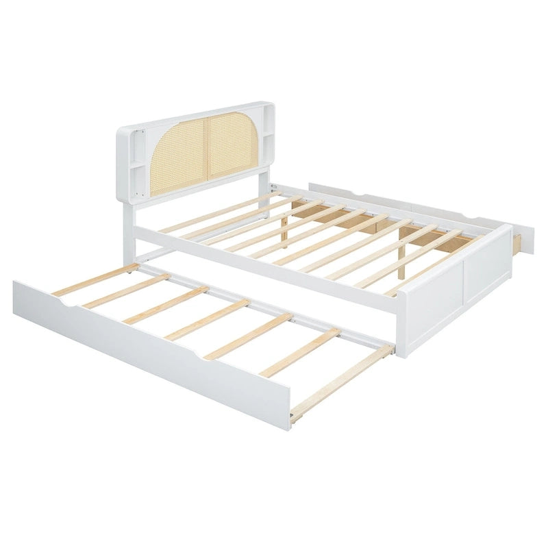 Queen Platform Bed – White, Rattan Headboard, 2 Drawers & Trundle, 4 Headboard Compartments, Sleeps 1
