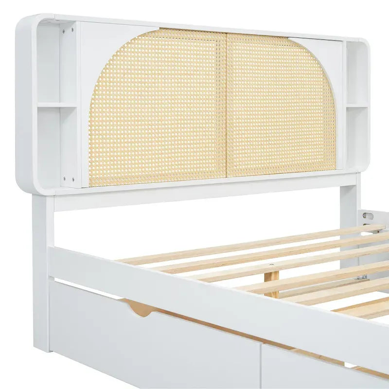 Queen Platform Bed – White, Rattan Headboard, 2 Drawers & Trundle, 4 Headboard Compartments, Sleeps 1