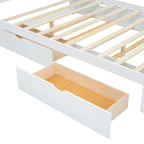 Queen Platform Bed – White, Rattan Headboard, 2 Drawers & Trundle, 4 Headboard Compartments, Sleeps 1