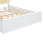 Queen Platform Bed – White, Rattan Headboard, 2 Drawers & Trundle, 4 Headboard Compartments, Sleeps 1