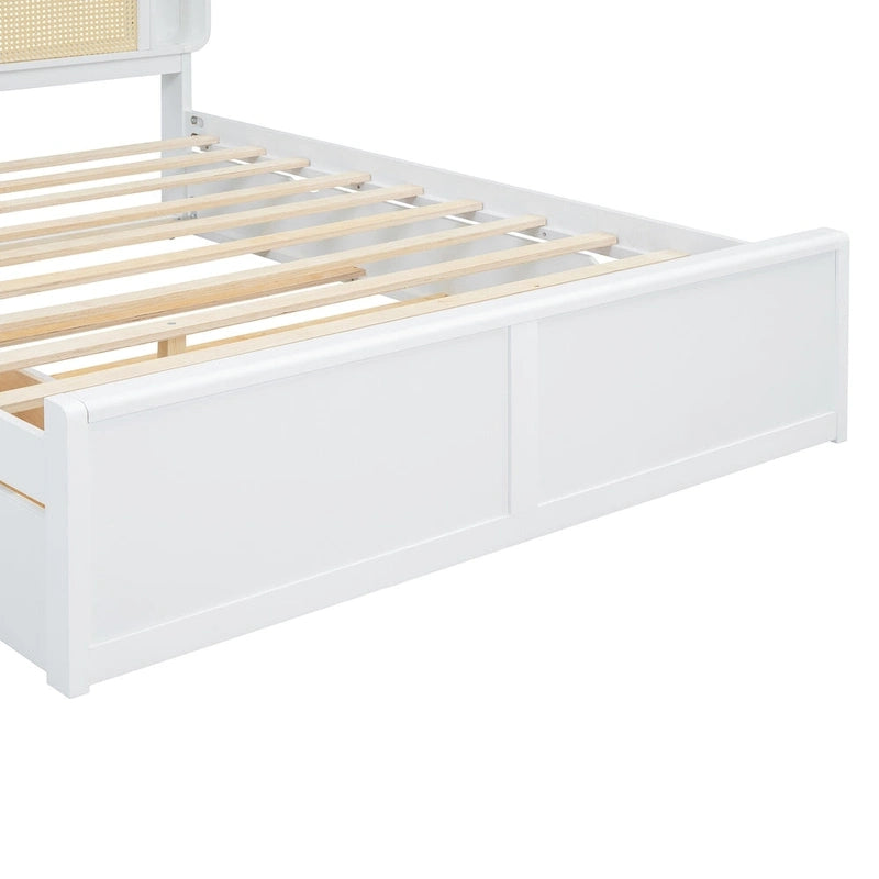 Queen Platform Bed – White, Rattan Headboard, 2 Drawers & Trundle, 4 Headboard Compartments, Sleeps 1