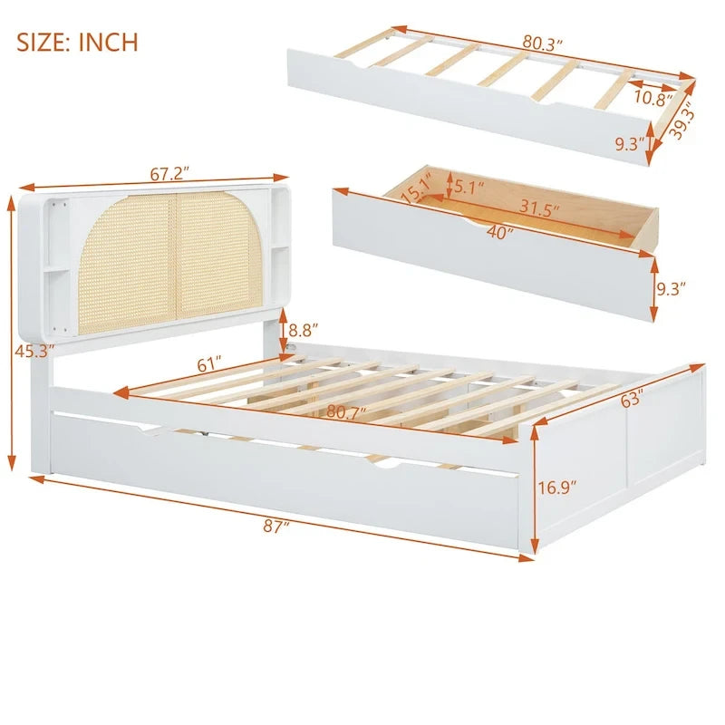Queen Platform Bed – White, Rattan Headboard, 2 Drawers & Trundle, 4 Headboard Compartments, Sleeps 1
