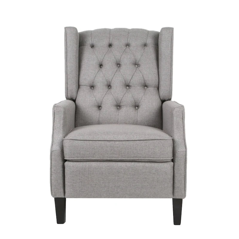 Wingback Push-Back Recliner – Grey Fabric, Mid-Century Style, Button-Tufted, Seats 1