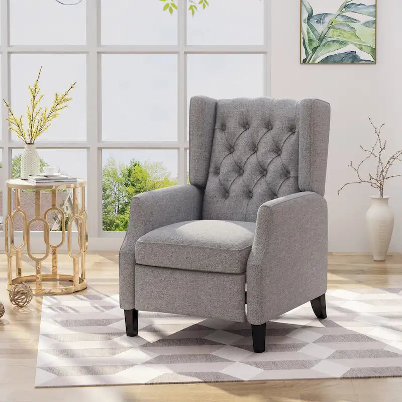 Wingback Push-Back Recliner – Grey Fabric, Mid-Century Style, Button-Tufted, Seats 1