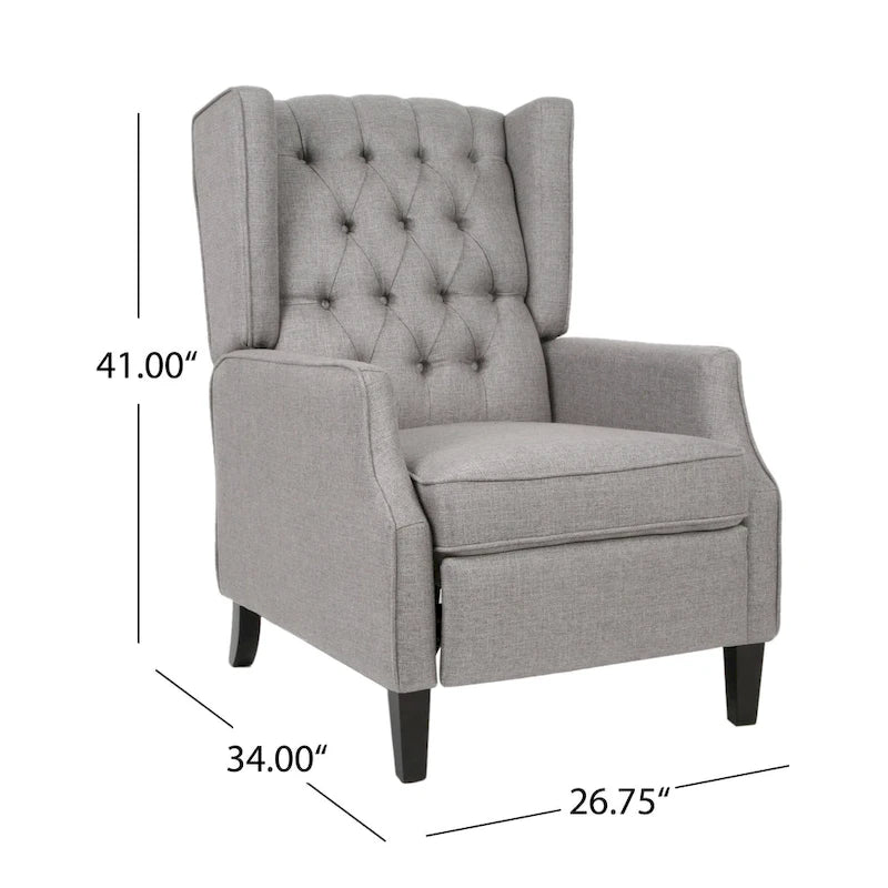 Wingback Push-Back Recliner – Grey Fabric, Mid-Century Style, Button-Tufted, Seats 1
