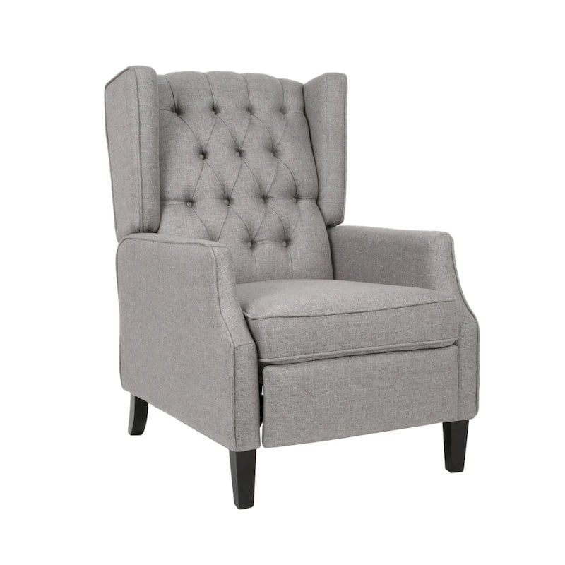 Wingback Push-Back Recliner – Grey Fabric, Mid-Century Style, Button-Tufted, Seats 1