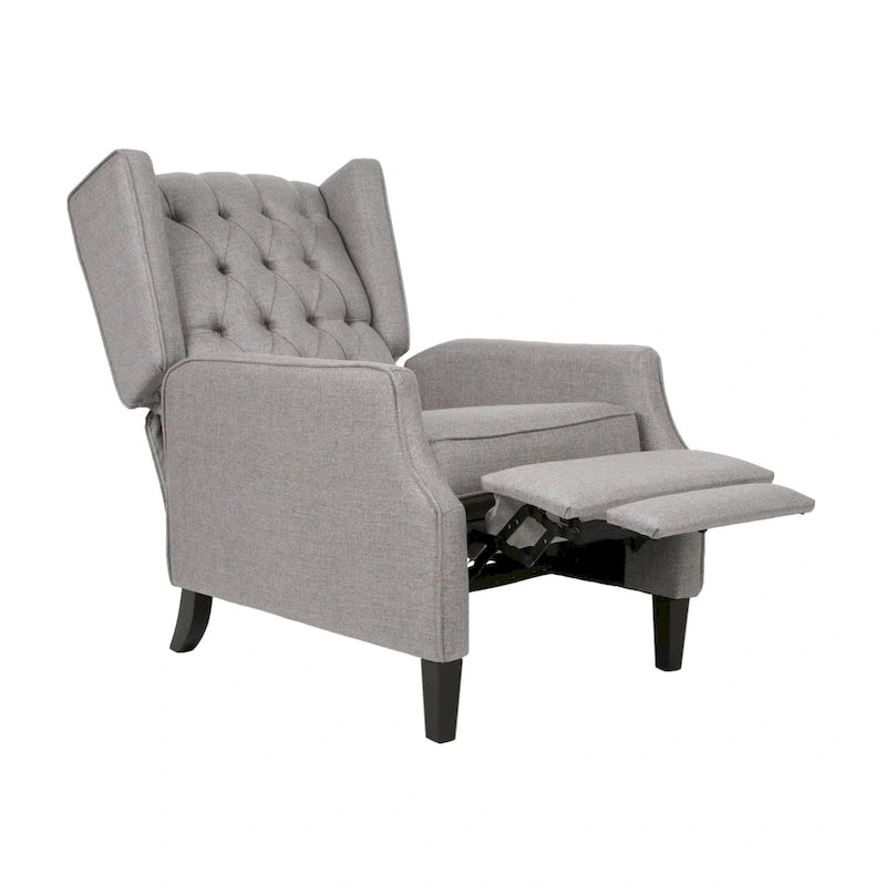 Wingback Push-Back Recliner – Grey Fabric, Mid-Century Style, Button-Tufted, Seats 1