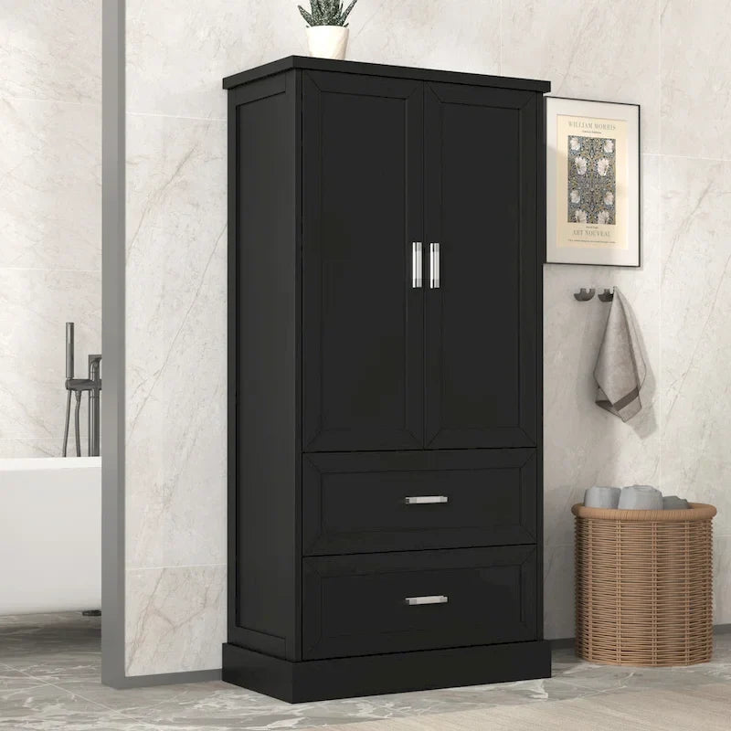 Hoher Badezimmerschrank, Schrank mit zwei Türen und Schubladen, verstellbarem Regal, MDF-Platte