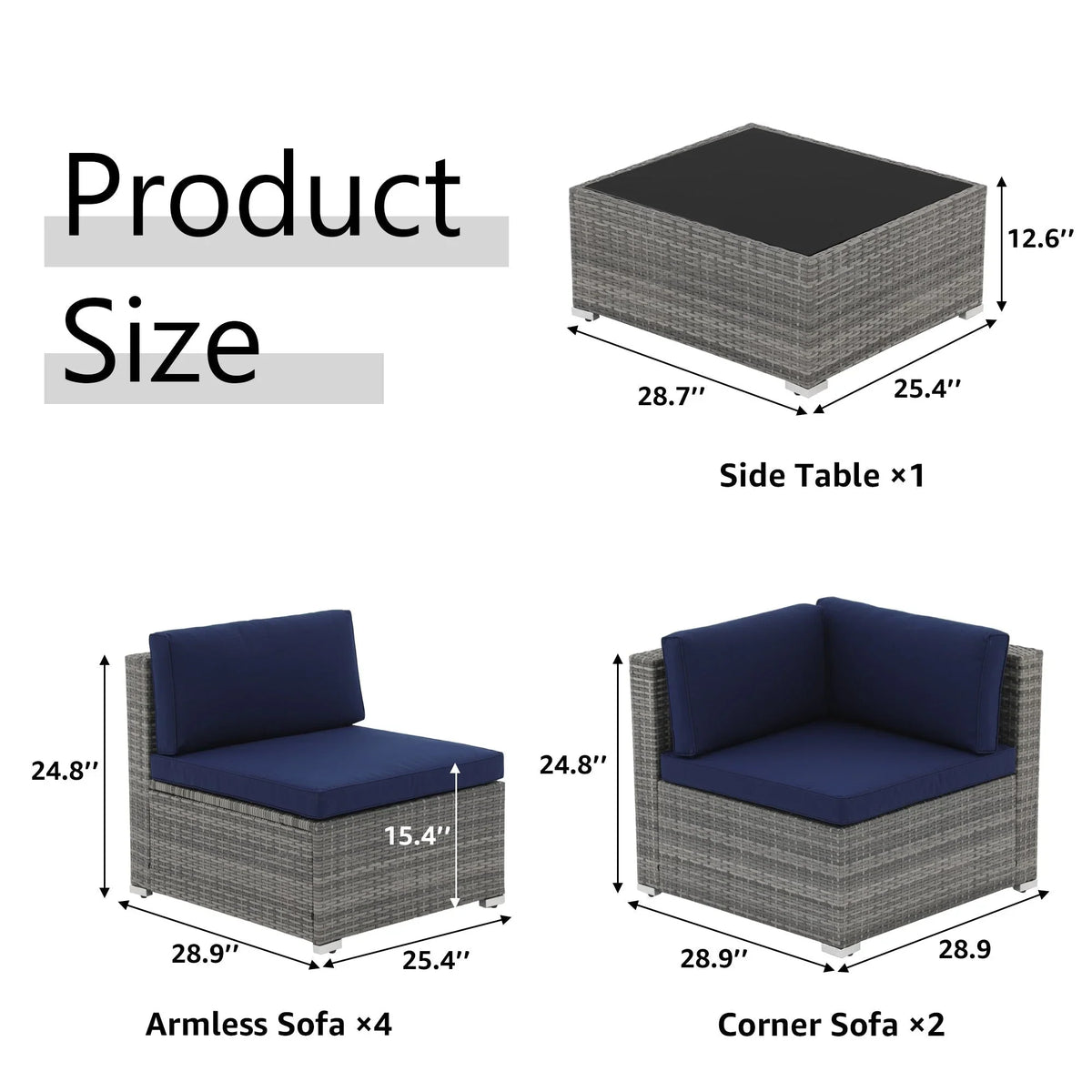 7-teiliges Outdoor-Sofa-Set aus Korbweide/Stahl mit Polstern