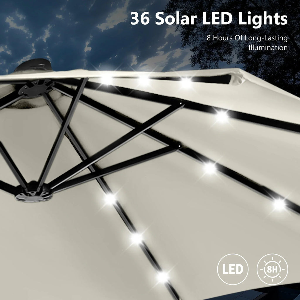 MAISON ARTS 4,5 m rechteckiger Kurbel-Doppelseiten-Sonnenschirm für den Außenbereich, solarbetriebener LED-Terrassenschirm mit Sockel