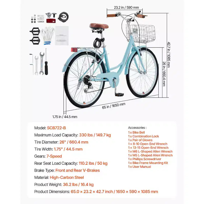 VEVOR Cruiser Bike, 7-Gang, 26-Zoll Hellblaues Beach Cruiser Fahrrad mit großem Korb und Gepäckträger, sicheres & robustes Cruiser Bike, Hellblau