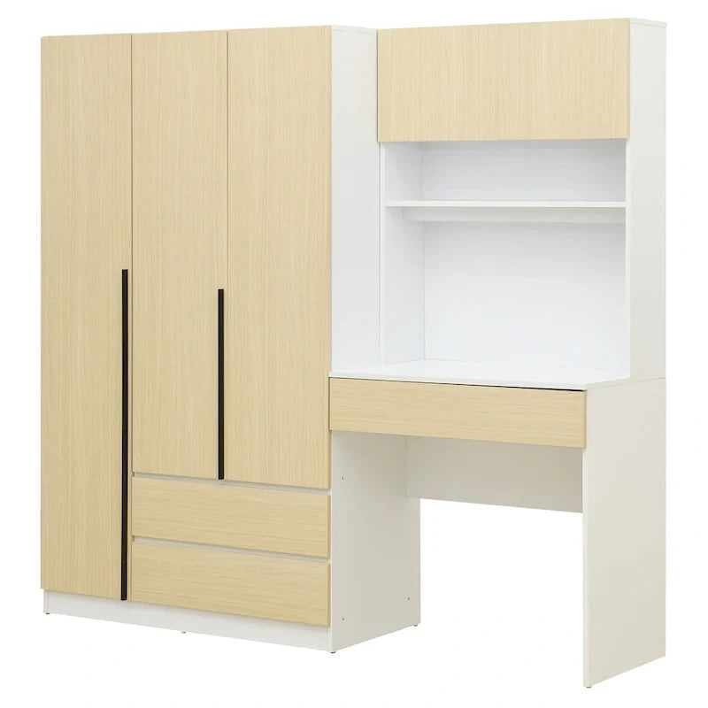 3-in-1 Kleiderschrank mit Schminktisch, Schreibtisch-Set, Schlafzimmer-Schrank mit 2 Schubladen, 3-türiger Aufbewahrungsschrank mit Schreibtisch