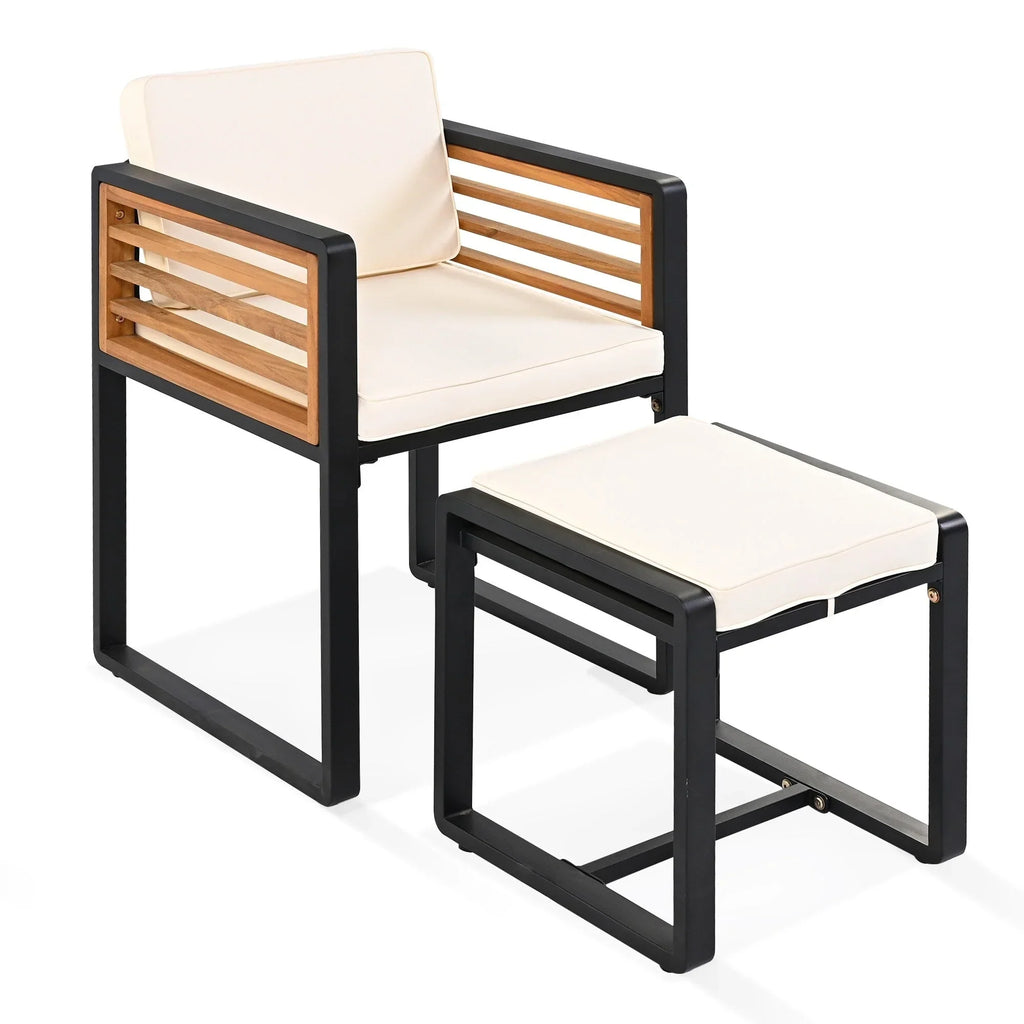 18-teiliges Terrassen-Essgruppen-Set aus Akazienholz, 8 gepolsterte Stühle & 8 Hocker & 2 quadratische Tische