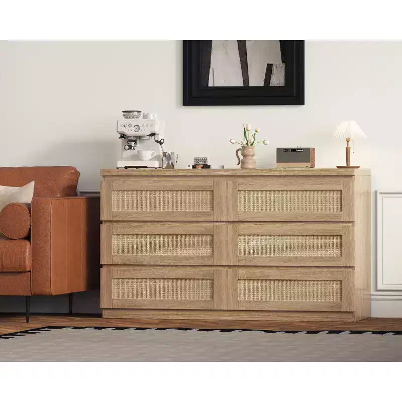 Rattan-Kommode für Schlafzimmer mit 6 Schubladen, 47" moderne Farmhouse breite Kommode, Holz-Aufbewahrungsschrank-Organizer für Kleiderschrank, Wohnzimmer, Flur