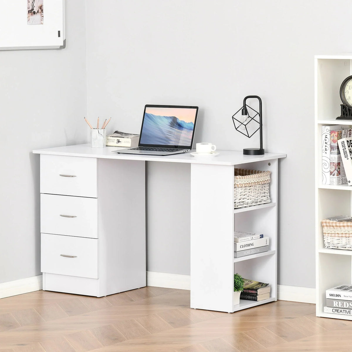 HOMCOM 47 Moderner Home-Office Computertisch Regal Kombination Schreibtisch Arbeitstisch mit 3 Schubladen und Ablagefach - Weiß