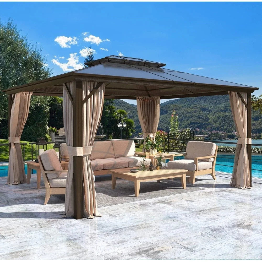 EROMMY Hardtop-Pavillon, Outdoor-Pergola mit Doppeldach & Netzen & Vorhängen, Hochleistungs-Canopy für Terrasse, Garten, Poolparty