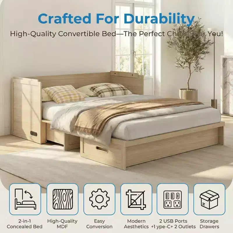 Mjkone Queen-Size-Schrankbett mit Matratze, USB-Ladeanschluss und Aufbewahrungsschubladen