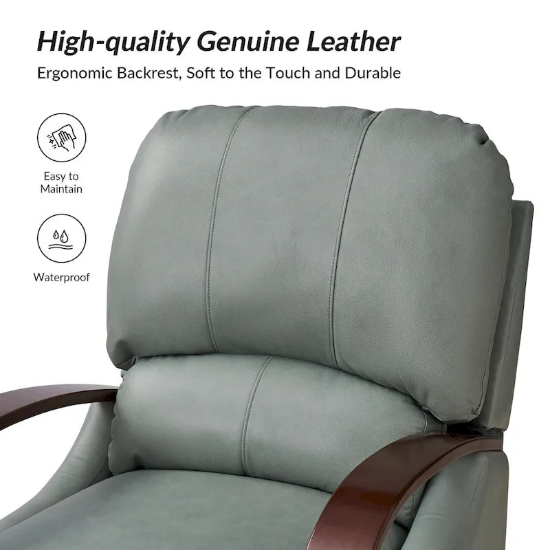 Alex Mid-Century Modern Zigarren-Sessel aus echtem Leder mit manueller Relaxfunktion und geschwungenen Holzarmlehnen