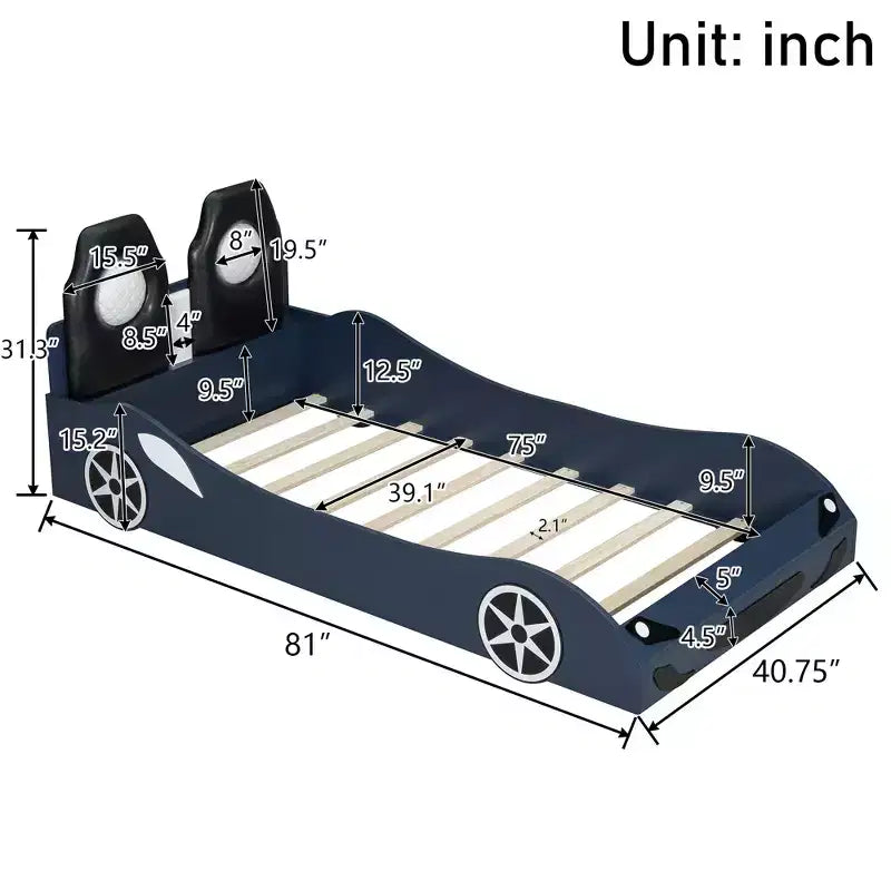 Whisen Wood Plattformbett in Rennwagen-Form, Twin-Größe, mit LED-Beleuchtung und gepolsterter Rückenlehne