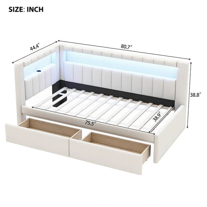 Gepolstertes Plattformbett mit USB-Anschlüssen & LED-Beleuchtung – Einzel-/Doppelbettgestell mit 2 Schubladen – Modernes Schlafzimmer