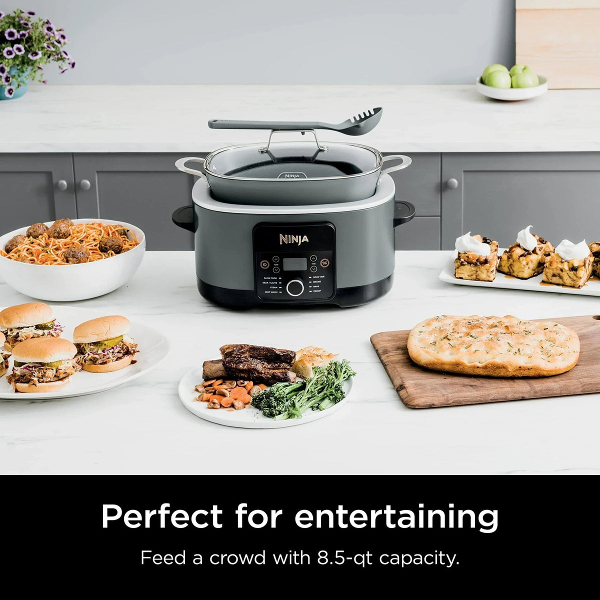 8,5 Liter Multi-Kochtopf, 8-in-1, mit Slow Cooker, Bratentopf, Dampfgarer, Glasdeckel, integriertem Löffel, ofenfest bis 260°C