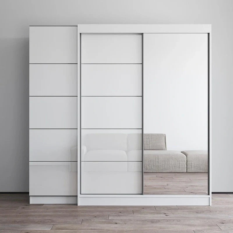2-türiger Kleiderschrank mit Spiegel, Glasfront, 2-Personen (Grau / Schwarz / Weiß)