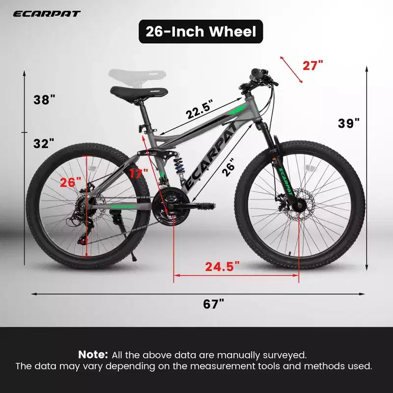 Okak 26-Zoll-Mountainbike mit Scheibenbremsen, 21-Gang-Erwachsenenfahrrad mit robustem Rahmen und doppelter Hinterradfederung, Fahrrad für Stadt- und Straßenfahrten