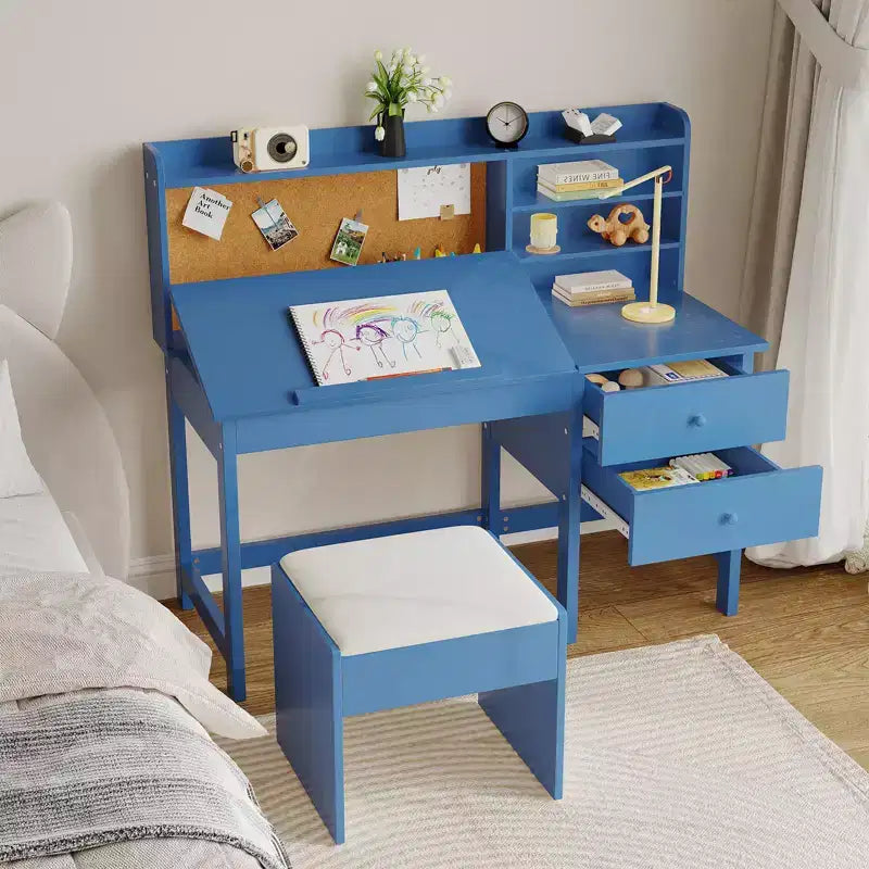 Kinder Schreibtisch und Stuhl Set, Holz Lerntisch mit verstellbarer Neigungsplatte, Schubladen & Korktafel - Schul-Lernschreibtisch Set für Kinder