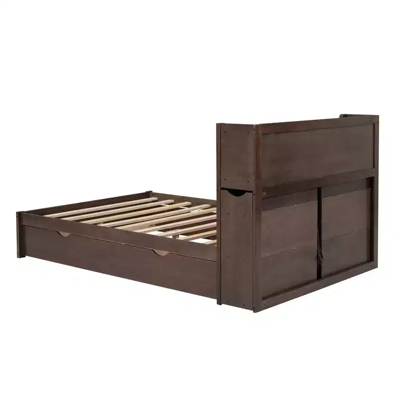Plattformbett in voller Größe mit Stauraum, Ausziehbett, Kopfteil mit Bücherregal und Ladestation, Bettgestell aus Holz in voller Größe mit Regalen und Schubladen