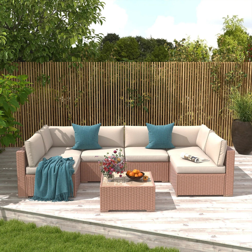 7-teiliges Outdoor-Sofa-Set aus Korbweide/Stahl mit Polstern