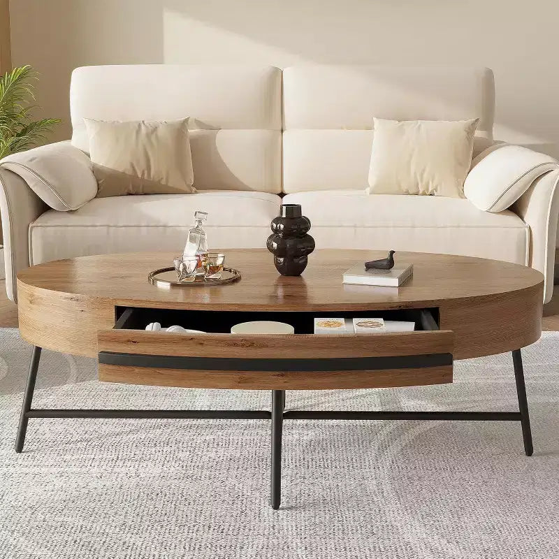 Acekool Ovaler Couchtisch mit Schublade, 120 cm Holz-Ablagetisch mit gekreuzten Metallbeinen, Mid-Century Modern Beistelltisch in Natur & Golden Willow