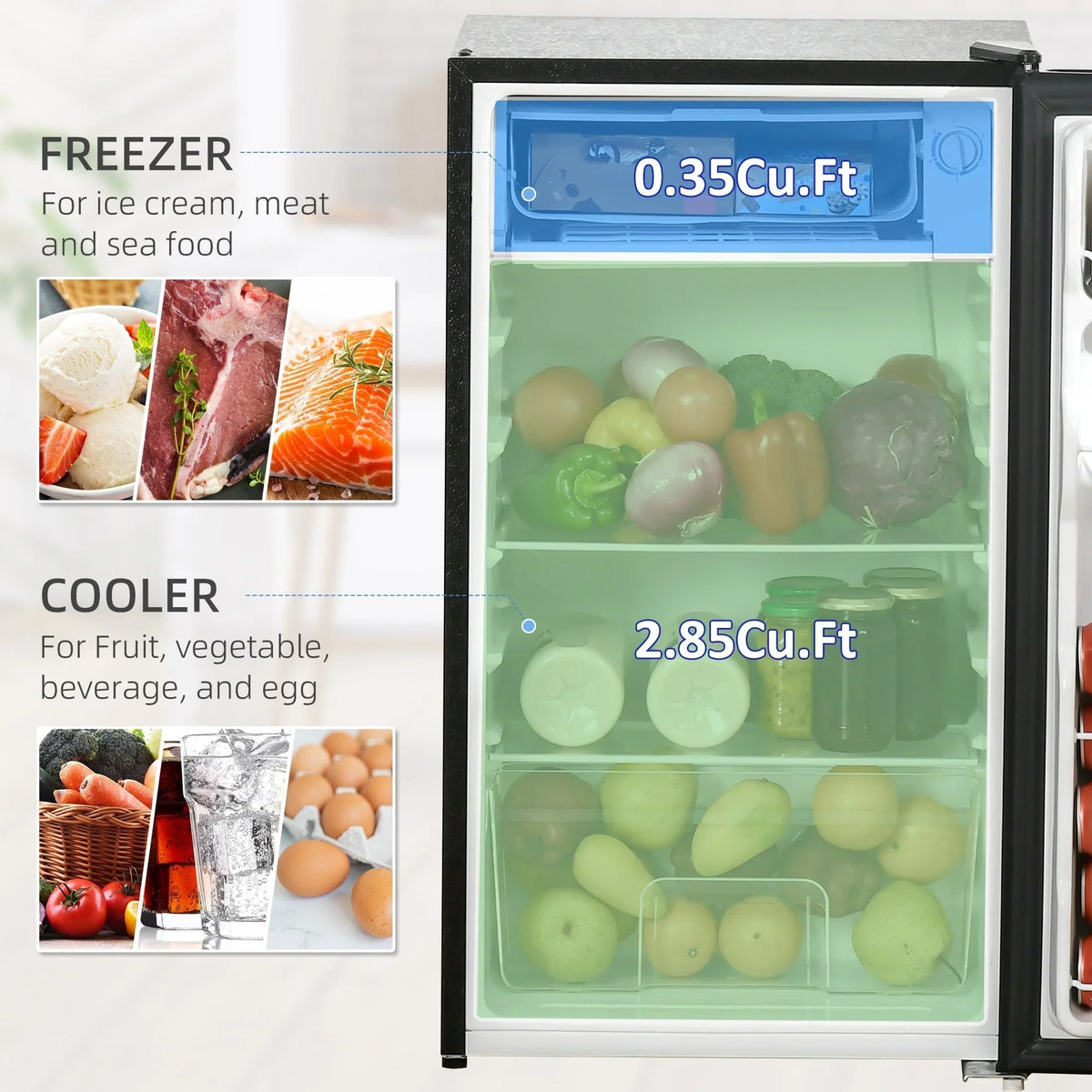 HOMCOM 90L Mini-Kühlschrank mit Gefrierfach, Kompakter Kühlschrank mit einer Tür und einstellbarem Thermostat für Schlafzimmer