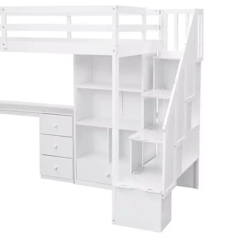 Hochbett in Twin-Größe mit L-förmigem Schreibtisch, 3 Schubladen, Schrank, Treppenstauraum, aus massivem Kiefernholz/MDF gefertigt