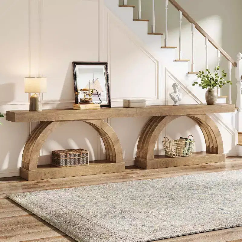 Lantine 63 Zoll Konsolentisch, 2-stöckiger Sofatisch für hinter das Sofa, schmaler einzigartiger Konsolentisch im Landhausstil mit Bogen für Flur, Wohnzimmer, Eingangsbereich, Natur