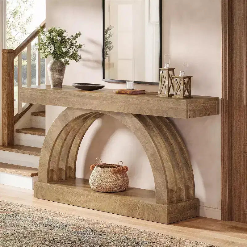 Lantine 63 Zoll Konsolentisch, 2-stöckiger Sofatisch für hinter das Sofa, schmaler einzigartiger Konsolentisch im Landhausstil mit Bogen für Flur, Wohnzimmer, Eingangsbereich, Natur