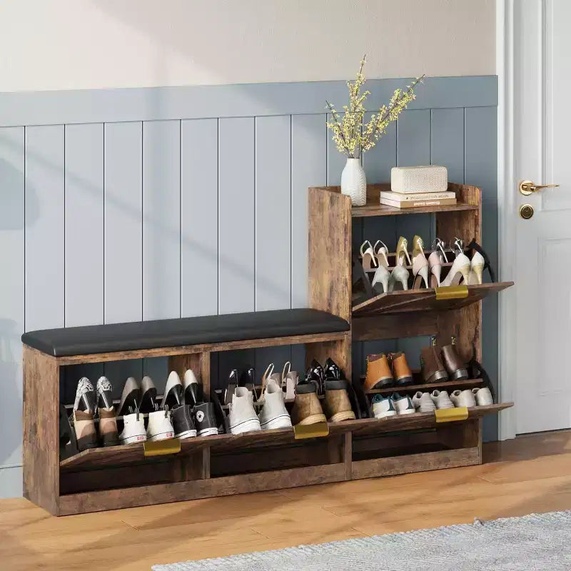 Schuhschrank mit Sitzbank & 4 Klappfächern – Schmaler Eingangsbereich-Organizer für 35–40 Paar Schuhe