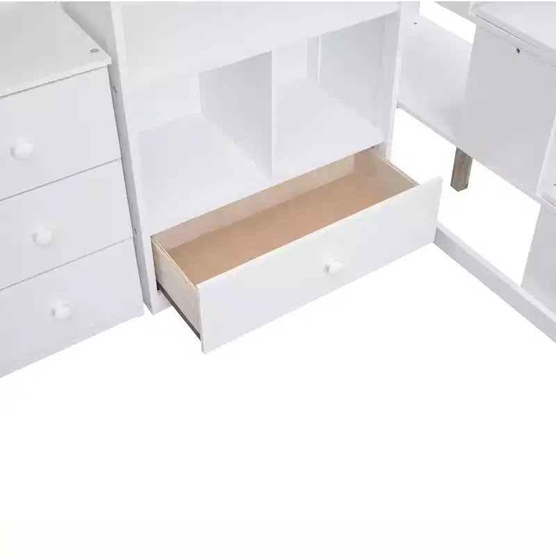 Hochbett in Twin-Größe mit L-förmigem Schreibtisch, 3 Schubladen, Schrank, Treppenstauraum, aus massivem Kiefernholz/MDF gefertigt